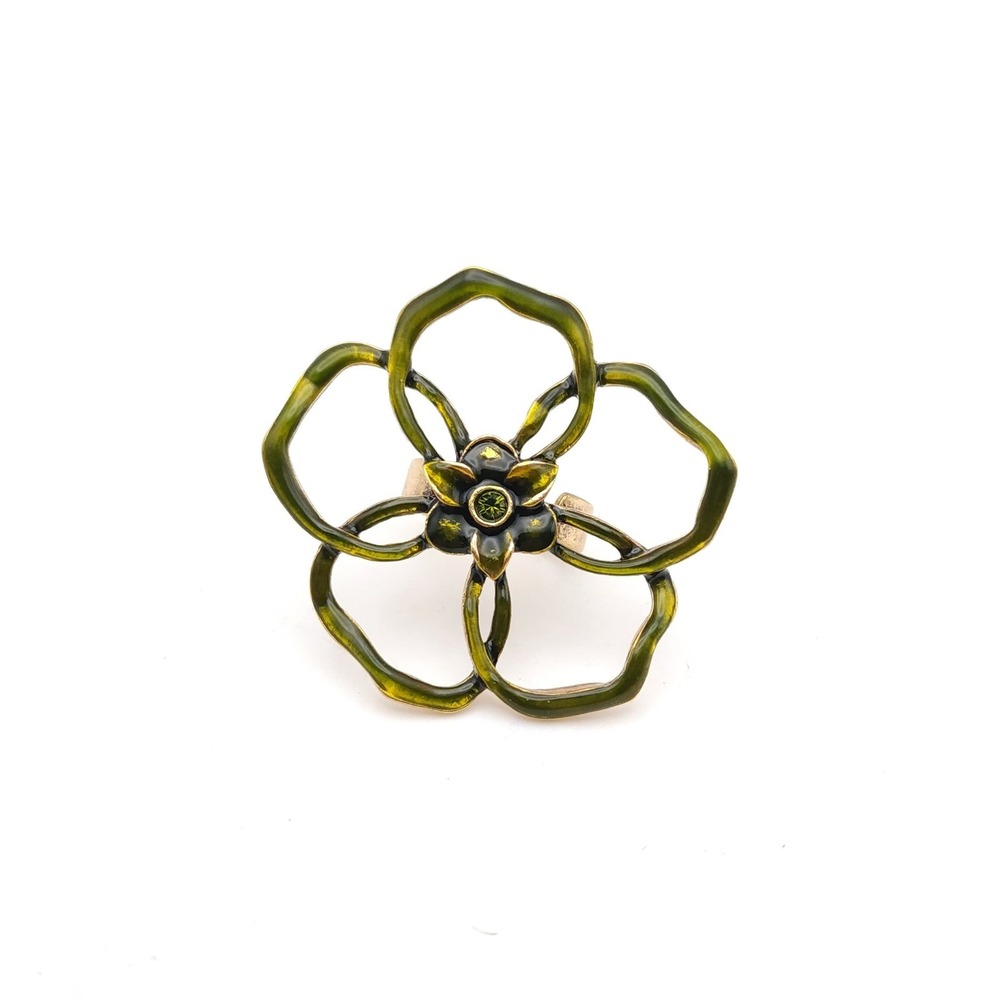 Pilgrim Green Enamel Flower Ring Gold Plated Olive Swarovski Crystal Adjustable
